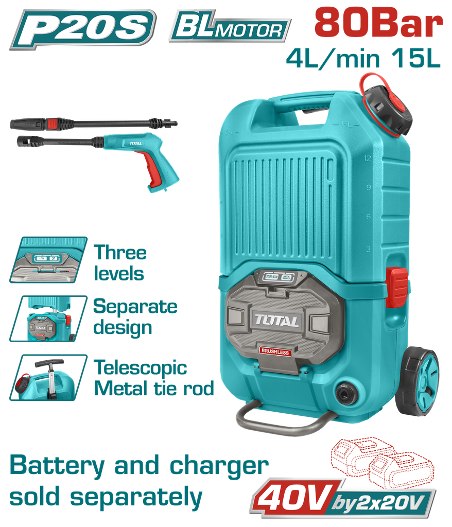 HIDROLAVADORA PORTATIL 40V 1160PSI INDUSTRIAL NO INCLUYE BATERIA NI CARGADOR TOTAL