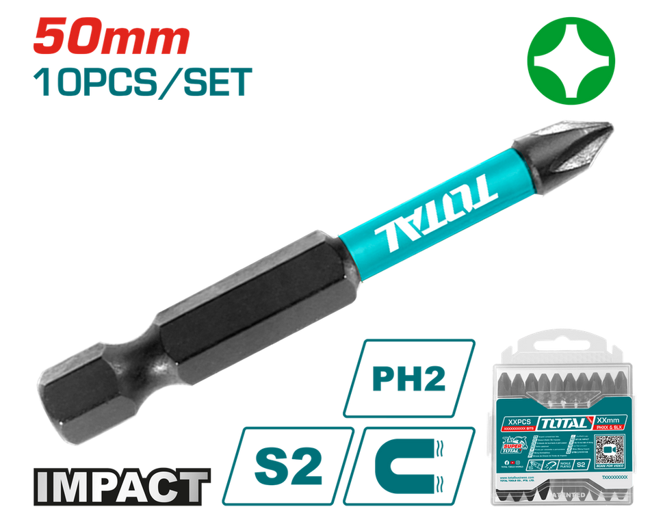 PUNTAS TALADRO INMANTADAS DE IMPACTO (+) 50MM X 10 PZS INDUSTRIAL TOTAL (TACIM16PH223)