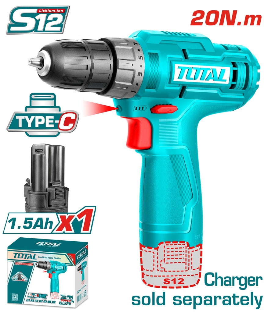 TALADRO INALAMBRICO 3/8 (10MM) 12V TOTAL INCLUYE 1 BATERIA DE 1.5AH NO INCLUYE CARGADOR