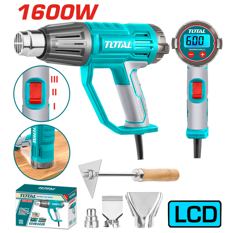 PISTOLA CALOR CON TEMPERATURA AJUSTABLE PANTALLA LCD 1600W INCLUYE 3 BOQUILLAS Y 1 RASCADOR INDUSTRIAL TOTAL