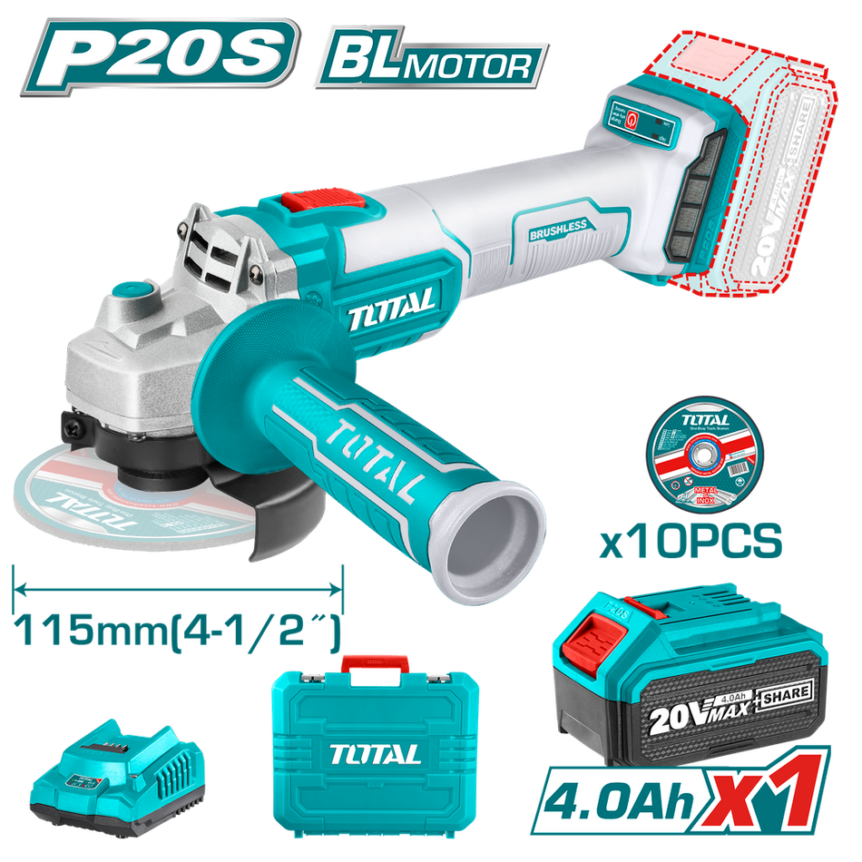 PULIDORA INALAMBRICA 4 1/2 INDUSTRIAL 20 V 1200W INCLUYE BATERIA 4.0 AH, CARGADOR Y 10 DISCOS, MOTOR SIN ESCOBILLAS TOTAL