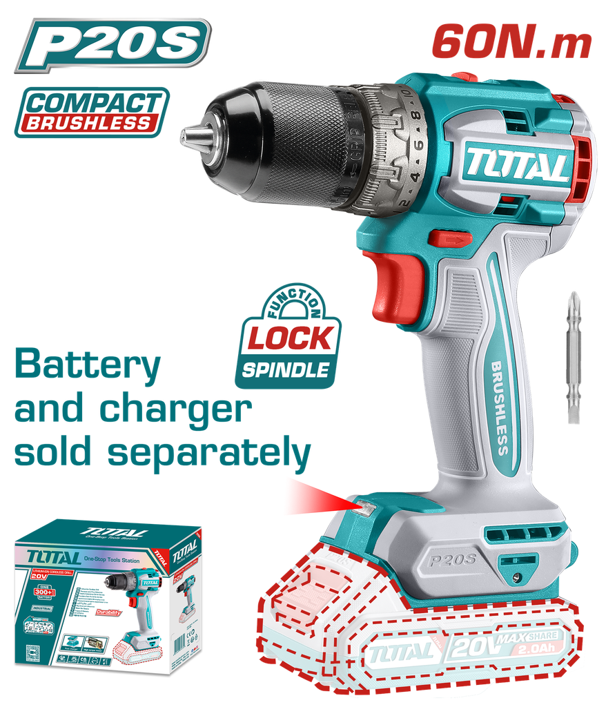 TALADRO INALAMBRICO 1/2 20V 60N.M CARGADOR Y BATERIA NO INCLUIDO SUPER TOTAL