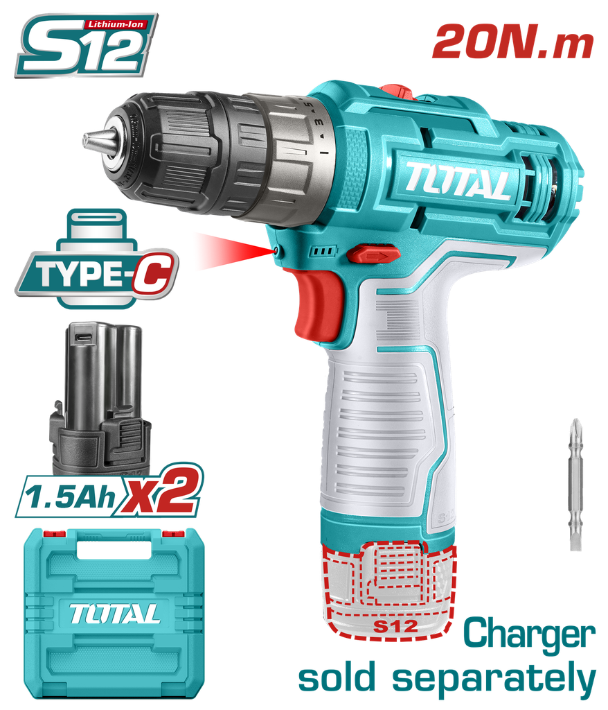 TALADRO INALAMBRICO 3/8 12V INCLUYE 2 BATERIAS ION DE LITIO CARGADOR NO INCLUIDO TOTAL