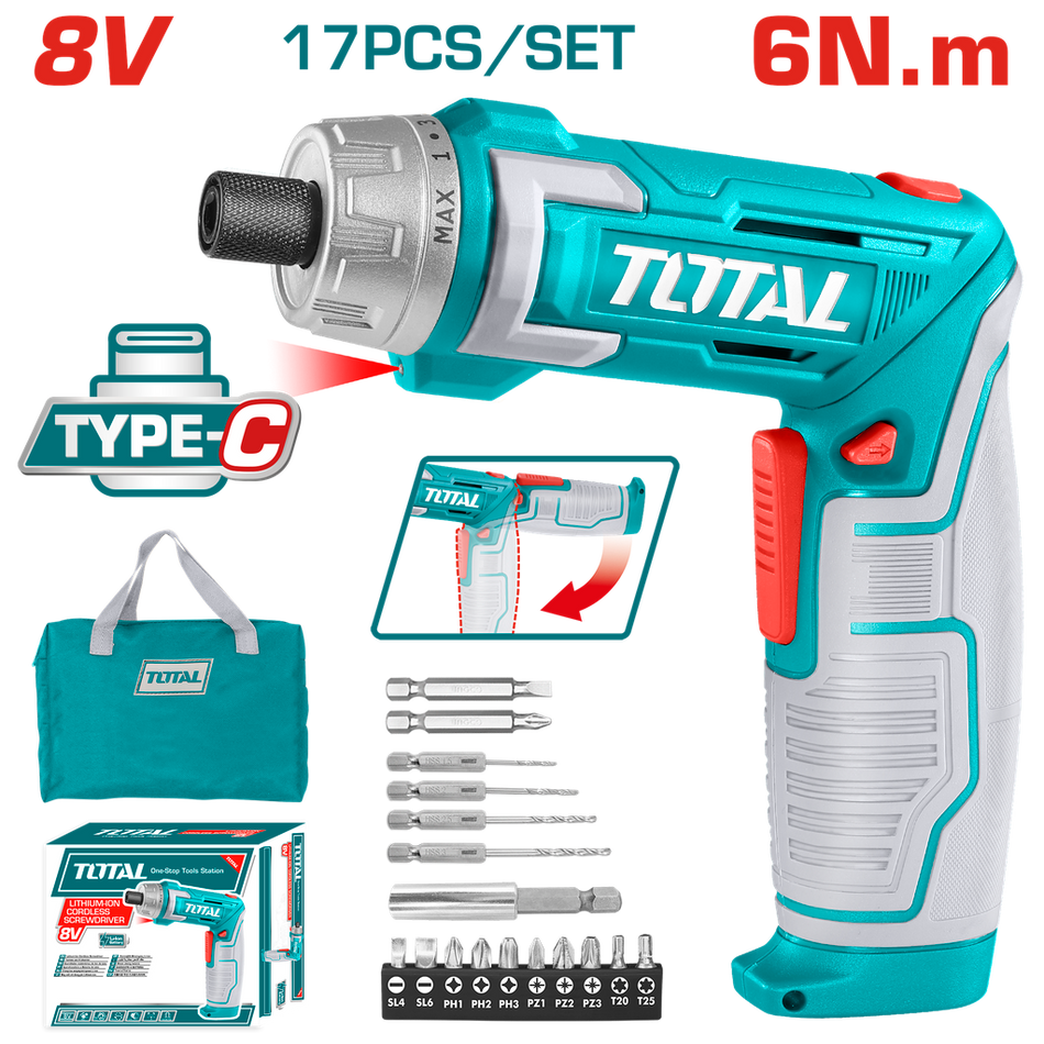 ATORNILLADOR INALAMBRICO 8V ESTUCHE PLASTICO + 17 PIEZAS TOTAL