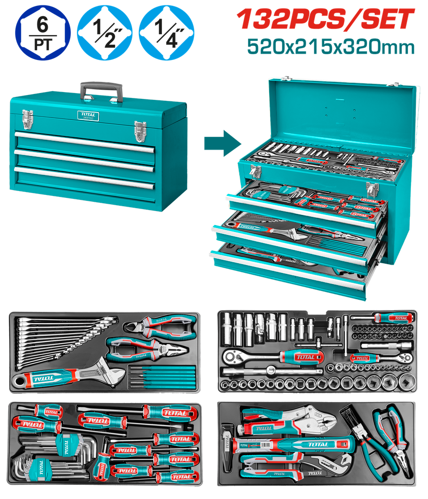 CAJA HERRAMIENTA METALICA INCLUYE 132 PZS INDUSTRIAL SUPER TOTAL