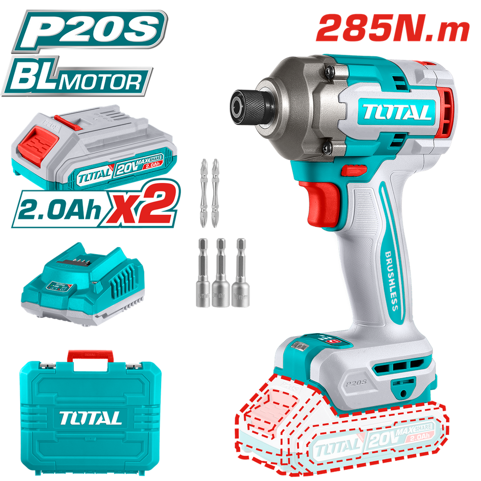 ATORNILLADOR DE IMPACTO INALAMBRICO 1/4 20V INCLUYE 2 BATERIAS, CARGADOR Y 5 ACCESORIOS CAJA PLASTICA INDUSTRIAL SUPER TOTAL