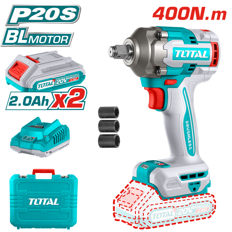 PISTOLA IMPACTO INALAMBRICA 1/2 20V 400 NM INCLUYE 2 BATERIAS 1 CARGADOR Y 3 COPAS 17,19,21 MM INDUSTRIAL TOTAL (UTIWLI2040)