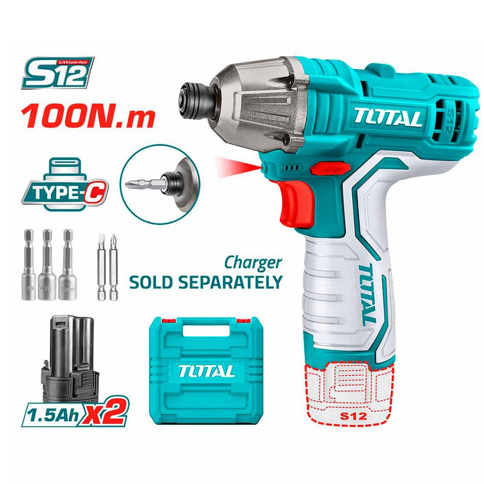 ATORNILLADOR DE IMPACTO INALAMBRICO 1/4 12V 100NM INCLUYE 2 BATERIAS, 2 PUNTA TALADRO Y 3 COPAS CAJA PLASTICA SUPER TOTAL