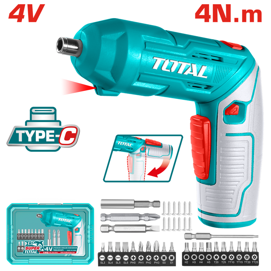 ATORNILLADOR INALAMBRICO 4V ESTUCHE PLASTICO + 20 PUNTAS TALADRO DE 25MM, 2 DE 50MM, 1 BROCA Y CONECTOR SUPER TOTAL