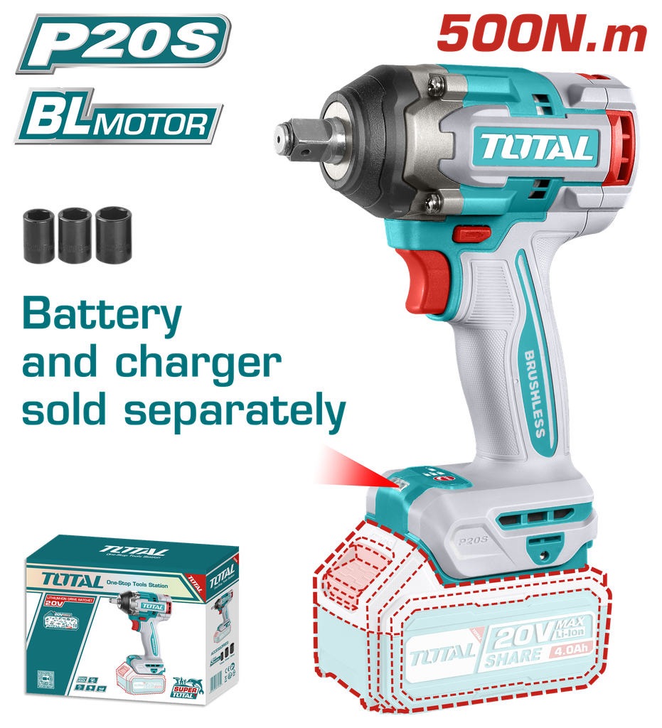 PISTOLA IMPACTO INALAMBRICO 1/2 20V 500 NM BATERIA Y CARGADOR SE VENDEN POR SEPARADO SUPER TOTAL (TIWLI20501)