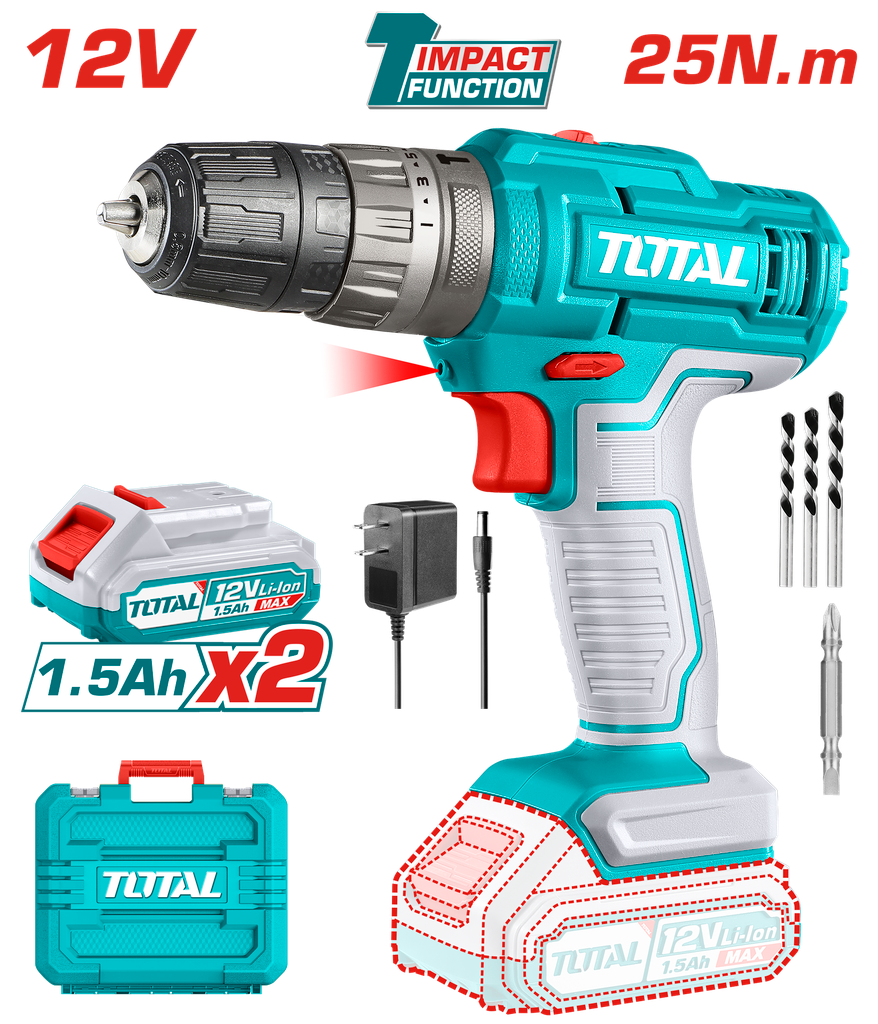 TALADRO DE IMPACTO INALAMBRICO 3/8" 12V INCLUYE 2 BATERIAS, 1 CARGADOR, 3 BROCAS Y 1 PUNTA TALADRO (+)(-) SUPER TOTAL