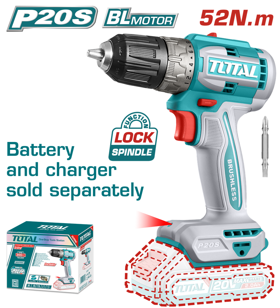 TALADRO INALAMBRICO 3/8" 20V 52 N.M CARGADOR Y BATERIA NO INCLUIDO SUPER TOTAL