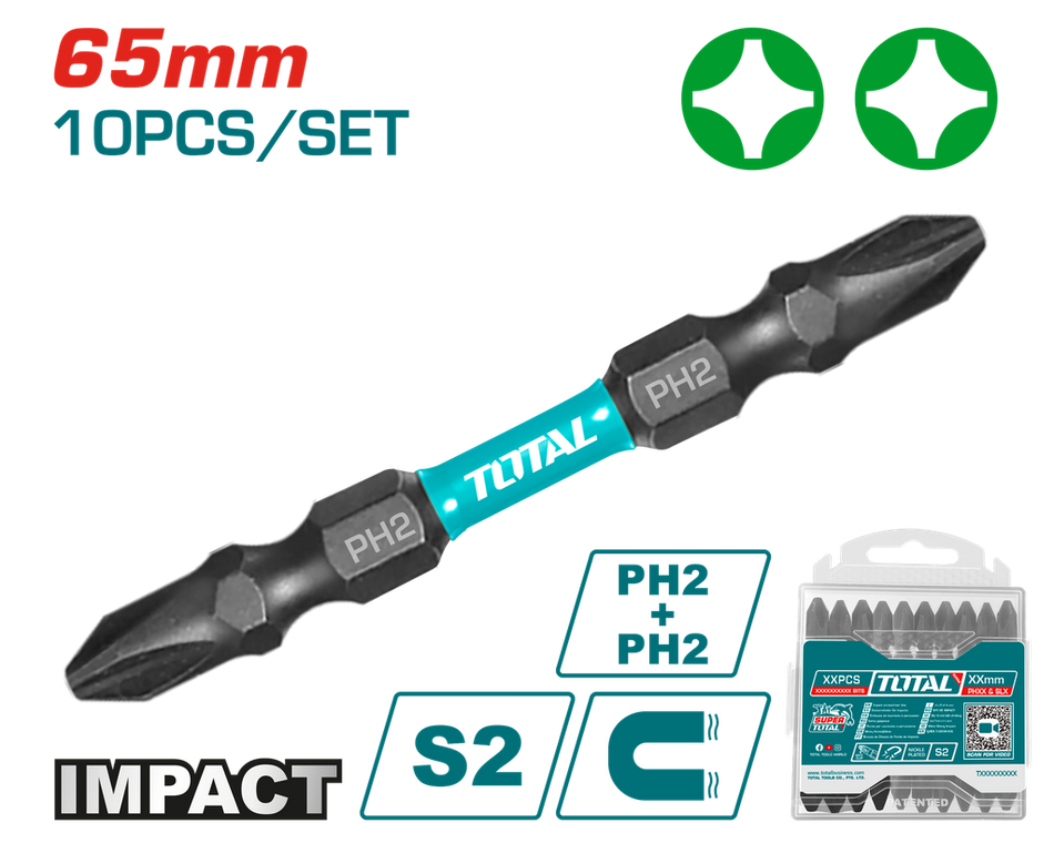 PUNTAS TALADRO INDUSTRIAL DOBLE PUNTA IMANTADA 65MM (+) (+) JUEGO X 10 PZS INDUSTRIAL SUPER TOTAL (TACIM16PH233)