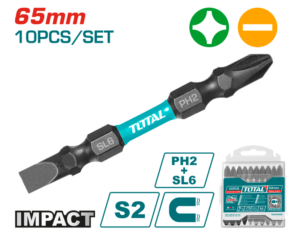 PUNTAS TALADRO INDUSTRIAL DOBLE PUNTA IMANTADA 65MM (+) (-) JUEGO X 10 PZS INDUSTRIAL SUPER TOTAL (TACIM16HL133)