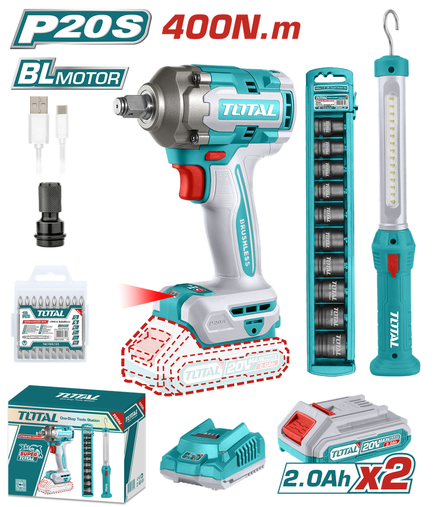 PISTOLA IMPACTO INALAMBRICA 1/2 20V 400 NM INCLUYE 2 BATERIAS 1 CARGADOR 1 LAMPARA DE TRABAJO 1 ADAPTADOR , COPAS Y 10 PUNTAS TALADRO SUPER TOTAL