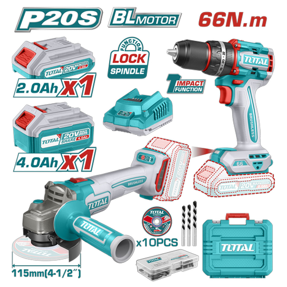 COMBO INALAMBRICO TALADRO 1/2" 20V 66NM + PULIDORA 4 1/2" INCLUYE 1 BATERIA 20V(4.0AH), 1 BATERIA 20V(2.0AH) CARGADOR 20V, 10 DISCOS DE CORTE Y ACCESORIOS TOTAL