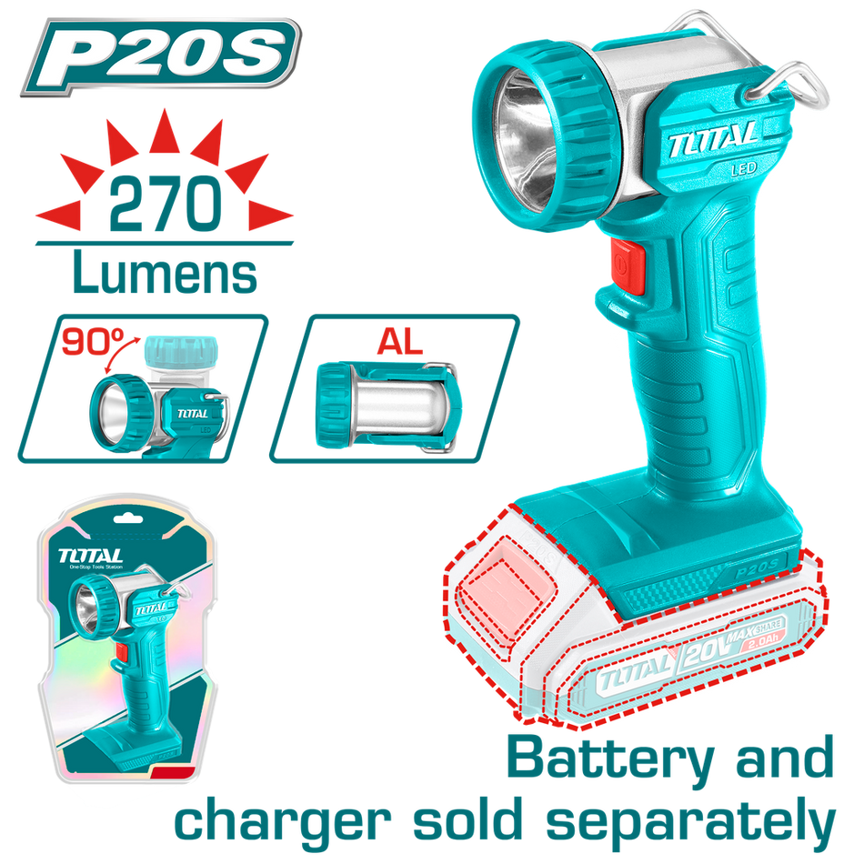 LINTERNA INALAMBRICA 270 LUMENES 20V INDUSTRIAL BATERIA Y CARGADOR NO INCLUIDO SUPER TOTAL (TWLI2038)
