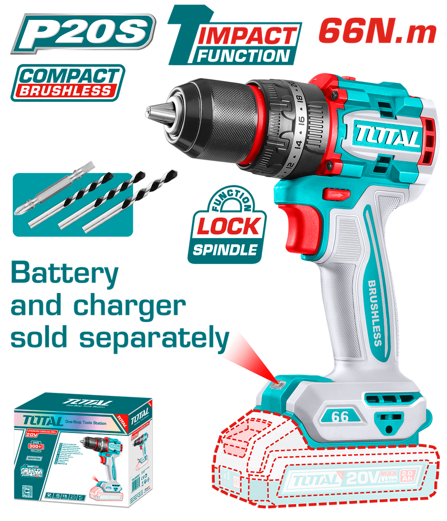 TALADRO PERCUTOR ATORNILLADOR INALAMBRICO 1/2 20V 66 NM BATERIA Y CARGADOR SE VENDEN POR SEPARADO, INCLUYE 4 ACCESORIOS INDUSTRIAL SUPER TOTAL