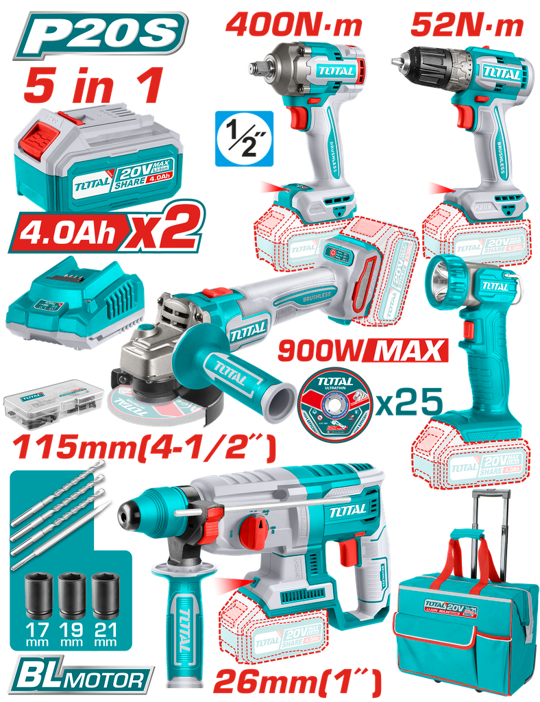 TALADRO 3/8" 52NM + PISTOLA DE IMPACTO 1/2" 400NM + TALADRO ROTOMARTILLO 2.5 JULES + PULIDORA 4 1/2" + LINTERNA CON 2 BATERIAS 20V(4.0AH) INCLUYE 25 DISCOS DE CORTE Y ACCESORIOS