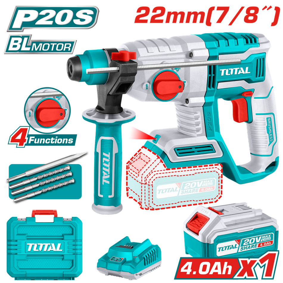 TALADRO ROTOMARTILLO 7/8" 20V SDS PLUS 2.0 JULES INCLUYE 1 BATERIA,1 CARGADOR Y 4 ACCESORIOS INDUSTRIAL SUPER TOTAL (UTRHLI202081)