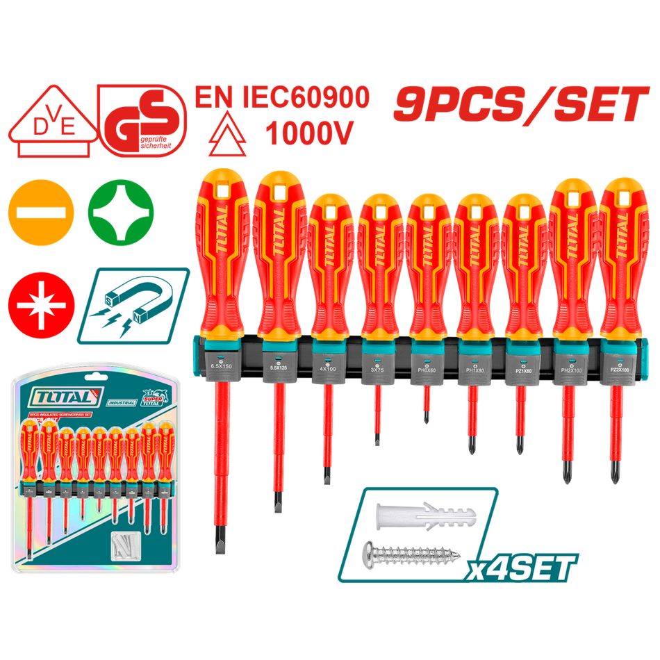 DESTORNILLADOR AISLADO 1000V INDUSTRIAL AMARILLO-ROJO JUEGO X 9 PZS INDUSTRIAL SUPER TOTAL (THTIS596)