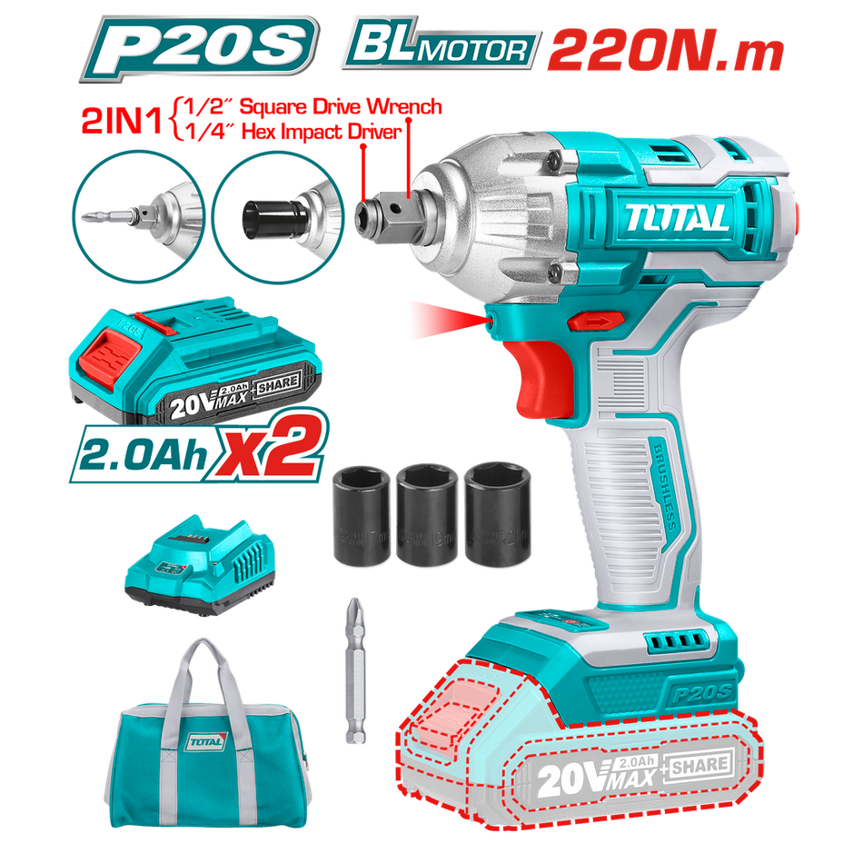 PISTOLA IMPACTO 1/2 20V 230 NM INCLUYE 2 BATERIAS 1 CARGADOR COPAS DE 171921 Y PUNTA DESTORNILLADOR TOTAL(UTIWLI20236)