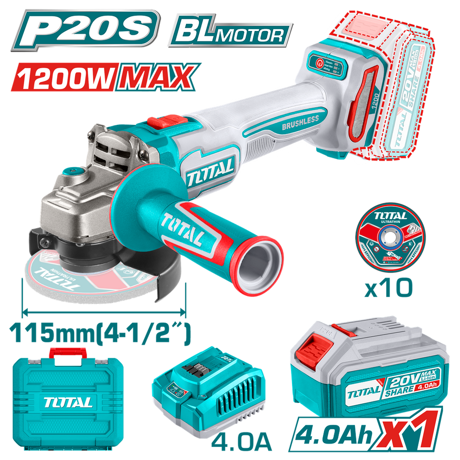 PULIDORA INALAMBRICA 4 1/2 INDUSTRIAL 20 V 1200W INCLUYE BATERIA 4.0 AH, CARGADOR Y 10 DISCOS, MOTOR SIN ESCOBILLAS INDUSTRIAL SUPER TOTAL