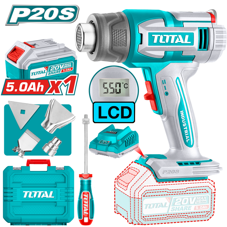 PISTOLA CALOR INALAMBRICA 20V CON TEMPERATURA AJUSTABLE PANTALLA LCD INCLUYE 4 BOQUILLAS 1 BATERIA 5.0AH Y 1 CARGADOR INDUSTRIAL SUPER TOTAL