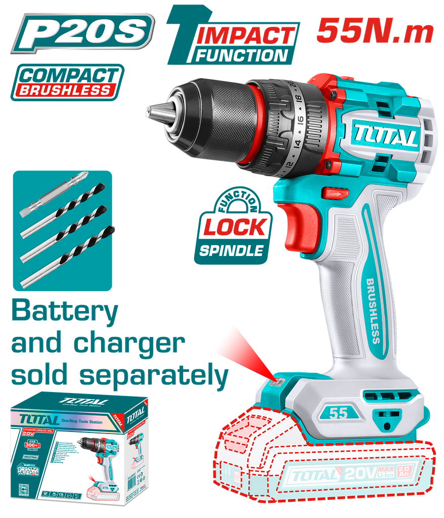 TALADRO INALAMBRICO PERCUTOR 1/2" 20V 55 N.M CARGADOR Y BATERIA NO INCLUIDO SUPER TOTAL