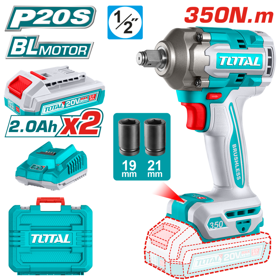 PISTOLA IMPACTO INALAMBRICO 1/2 20V 350 NM INCLUYE 2 BATERIAS 1 CARGADOR Y 2 COPAS ,19,21 MM INDUSTRIAL