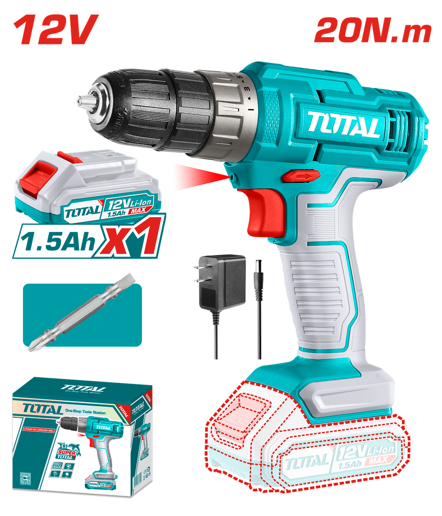 TALADRO INALAMBRICO 1/32-3/8 12V 20 N.M INCLUYE 1 BATERIA DE 1.5AH SUPER TOTAL