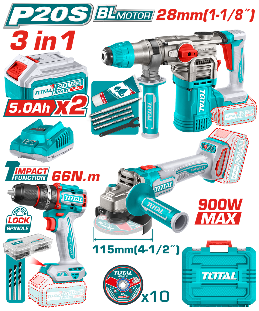 COMBO TALADRO 20V 1/2 66 NM + PULIDORA 20V + ROTOMARTILLO SDS PLUS 20V + 2 BAT 5.0AH SUPER TOTAL