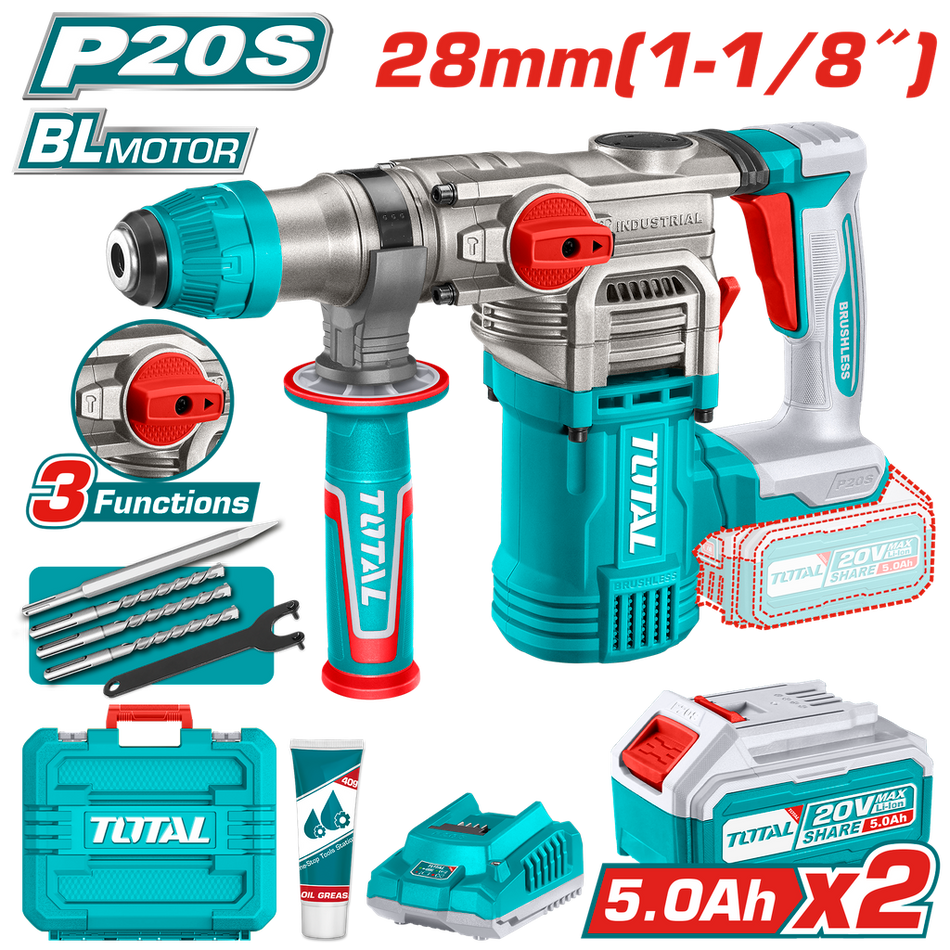 TALADRO ROTOMARTILLO SDS PLUS 4.5 JULES INCLYE 2 BATERIAS 5.0 AH, 1 CARGADOR Y ACCESORIOS INDUSTRIAL SUPER TOTAL (UTRHLI202885)