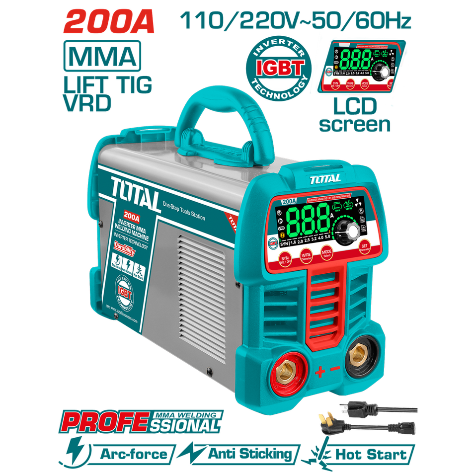 SOLDADOR INVERSOR DIGITAL 200A (MMA-LIFT TIG-VRD) 110-220V INDUSTRIAL SUPER TOTAL (UTW2200691)