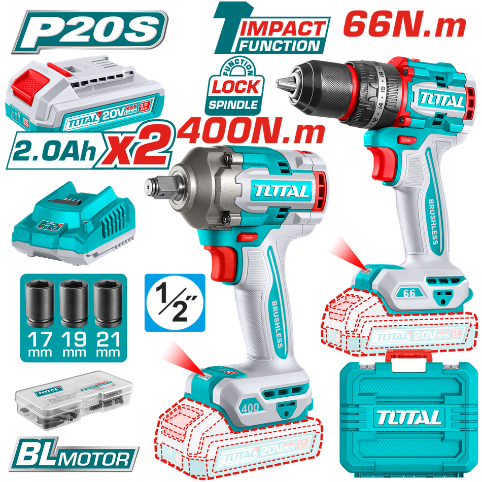 COMBO INALAMBRICO TALADRO 1/2" 66 N.M + PISTOLA DE IMPACTO 1/2" 20V 400 N.M INCLUYE 2 BATERIA 2.0AH , 1 CARGADOR Y ACCESORIOS SUPER TOTAL