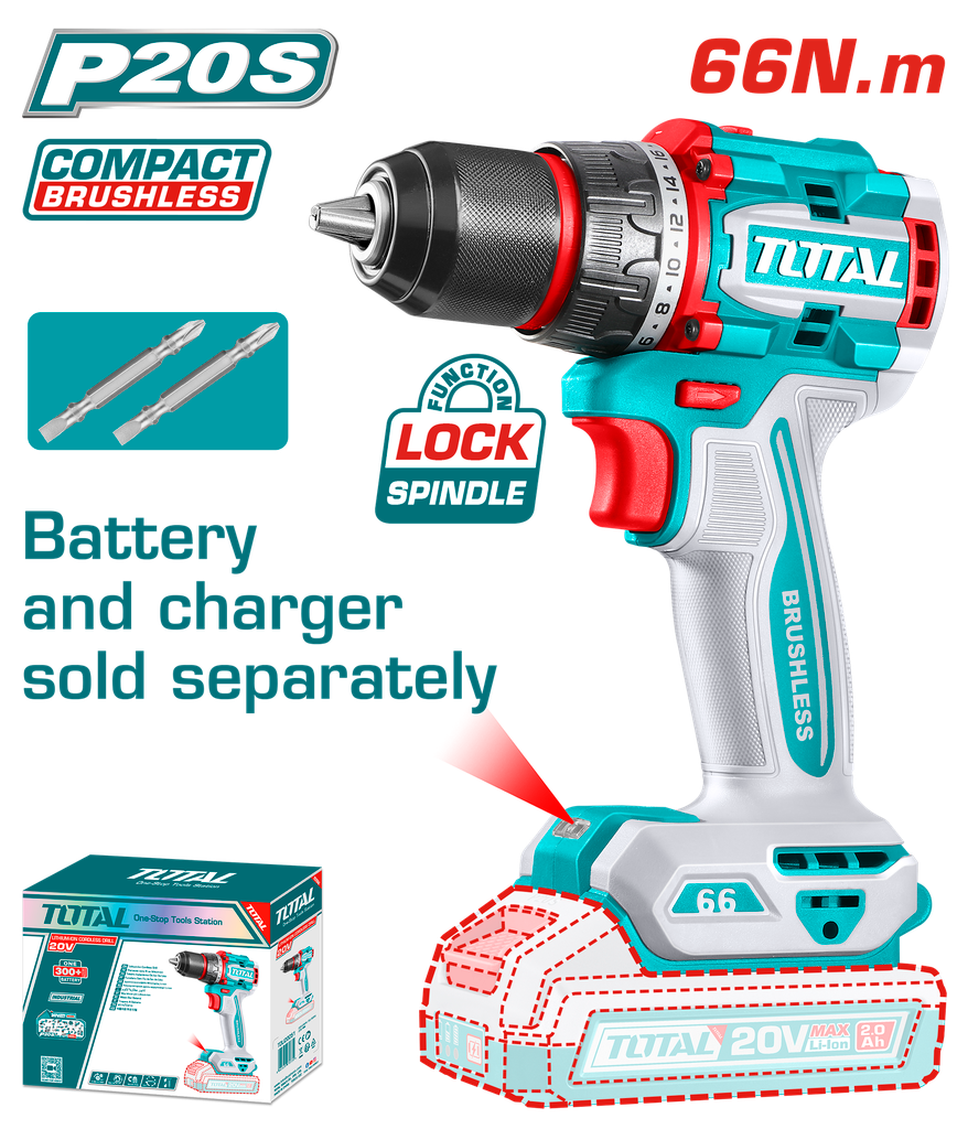TALADRO INALAMBRICO 1/2 20V 66 N.M INCLUYE 2 PUNTA TALADRO BATERIA Y CARGADOR SE VENDE POR SEPARADO INDUSTRIAL SUPER TOTAL
