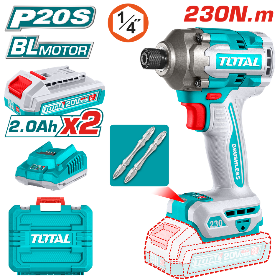 ATORNILLADOR DE IMPACTO INALAMBRICO 1/4 20V 230NM INCLUYE 2 BATERIAS, 2 PUNTA TALADRO INDUSTRIA SUPER TOTAL