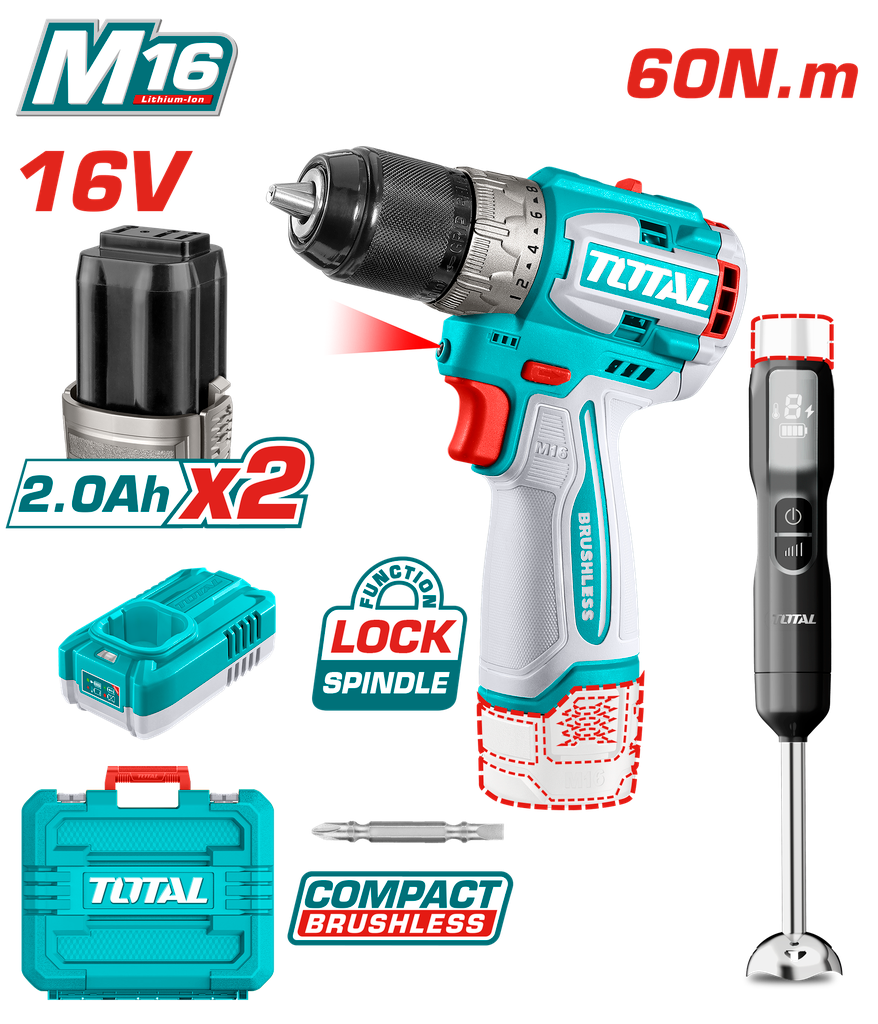 TALADRO INALAMBRICO 1/2 16V 60NM INCLUYE 2 BATERIAS 2,0AH + CARGODOR + BATIDORA DE MANO INDUSTRIAL SUPER TOTAL