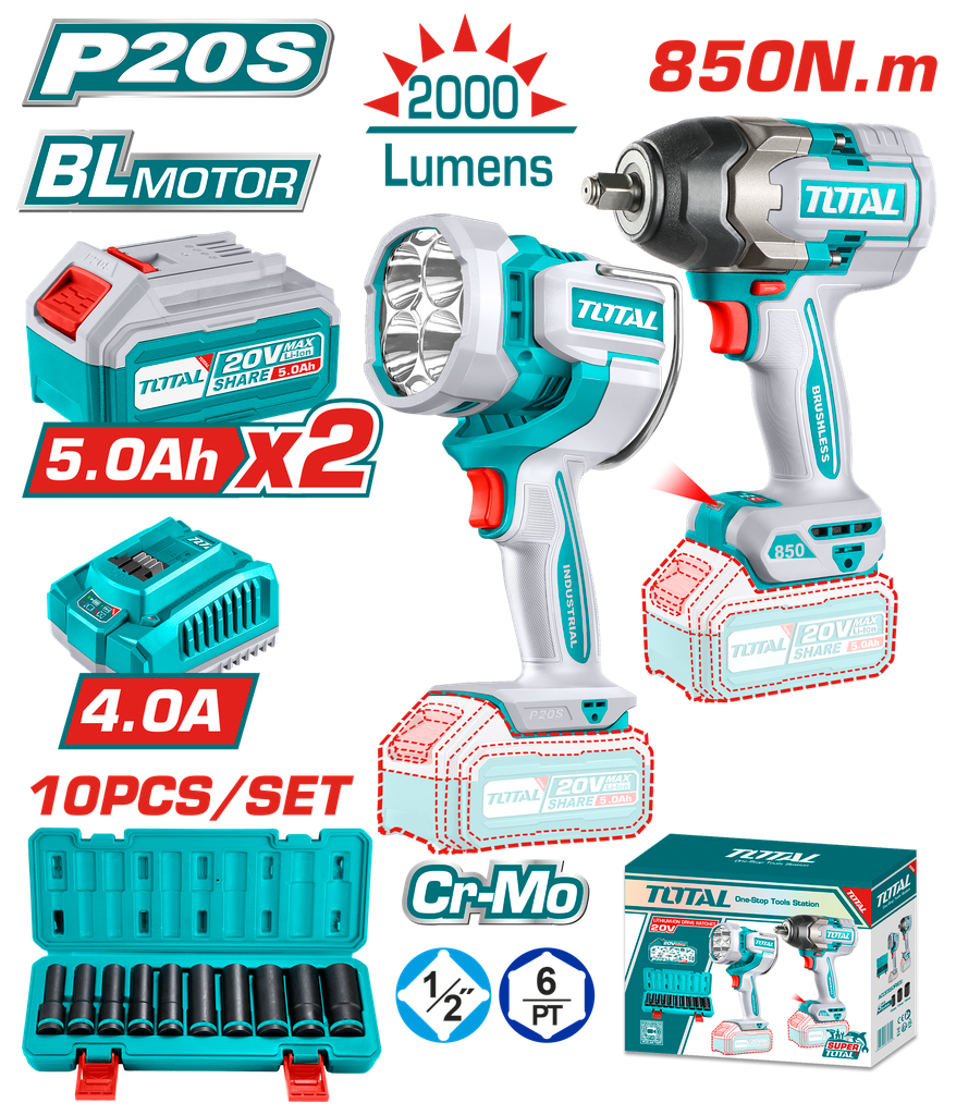 COMBO INALAMBRICO 20V PISTOLA IMPACTO INALAMBRICA 1/2 850 NM + LAMPARA DE TRABAJO INALAMBRICA 2000 LUMENES + JUEGO DE COPA ( 10-24MM) INCLUYE 2 BATERIAS 5.0 AH, CARGADOR Y SUPER TOTAL ( UTOSLI241181)