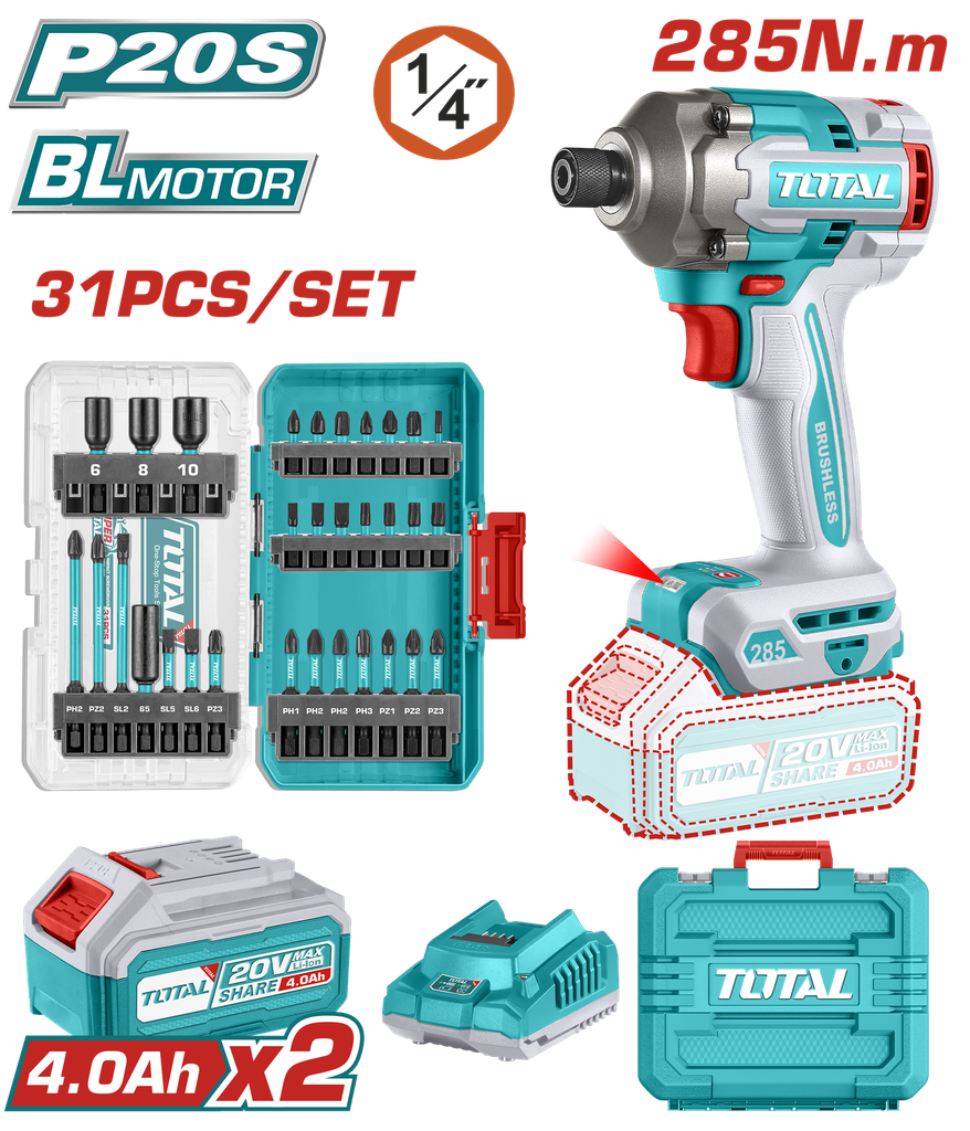 ATORNILLADOR DE IMPACTO INALAMBRICO 1/4 20V 285NM + JUEGO DE PUNTAS X 31 PZS INCLUYE 2 BATERIAS 4.0AH Y CARGADOR INDUSTRIAL SUPER TOTAL