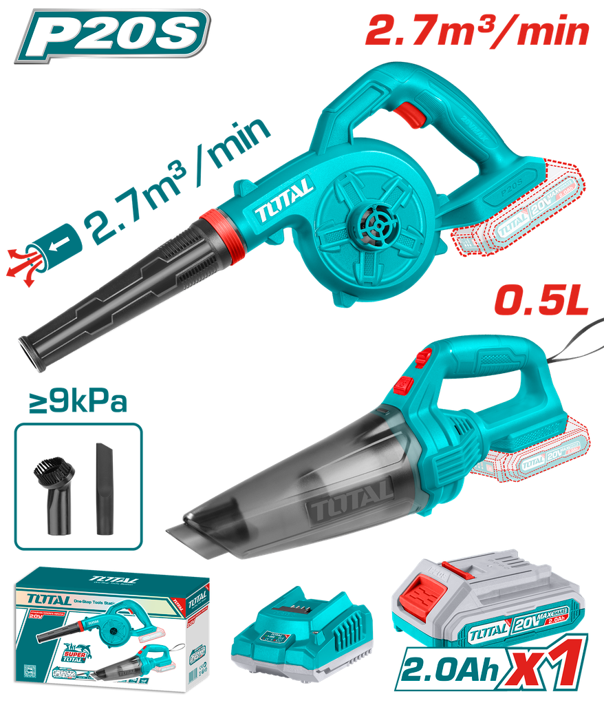 COMBO INALAMBRICO 20V SOPLADORA INALAMBRICA + ASPIRADORA DE MANO 0,5L INCLUYE 1 BATERIA 2.0AH SUPER TOTAL
