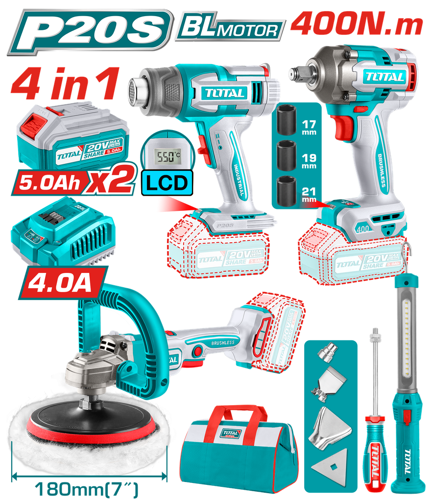 POLICHADORA 7" + PISTOLA IMPACTO 1/2 400 NM + PISTOLA CALOR + LAMPARA DE TRABAJO 300 LUMENES INCLUYE 2 BATERIAS 5.0AH, 1 CARGADOR Y ACCESORIOS INDUSTRIAL SUPER TOTAL