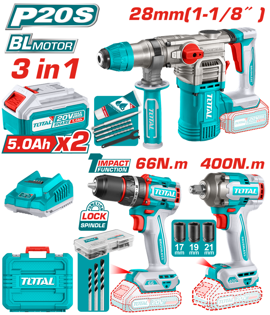 TALADRO ATORNILLADOR 1/2" 66 NM + PISTOLA DE IMPACTO 1/2" 400 NM + TALADRO ROTOMARTILLO SDS PLUS 4.5 JULES CON 2 BATERIAS 5.0AH , 1 CARGADOR Y ACCESORIOS INDUSTRIAL SUPER TOTAL