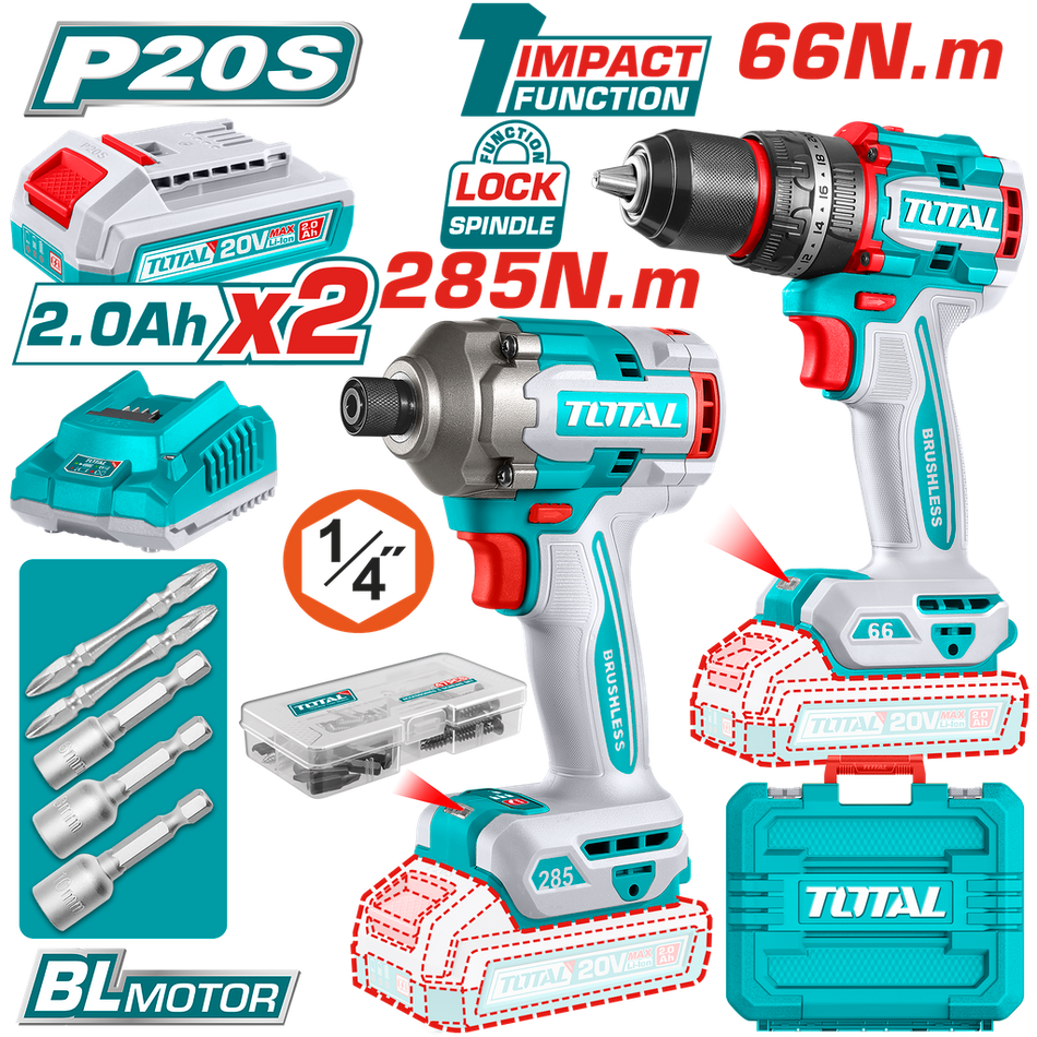 COMBO INALAMBRICO TALADRO 1/2" 66 N.M + ATORNILLADOR DE IMPACTO 1/4" 20V 285 N.M INCLUYE 2 BATERIA 2.0AH , 1 CARGADOR Y ACCESORIOS INDUSTRIAL SUPER TOTAL