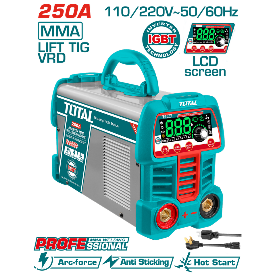 SOLDADOR INVERSOR DIGITAL 250A (MMA-LIFT TIG-VRD) 110-220V INDUSTRIAL SUPER TOTAL (UTW225069)