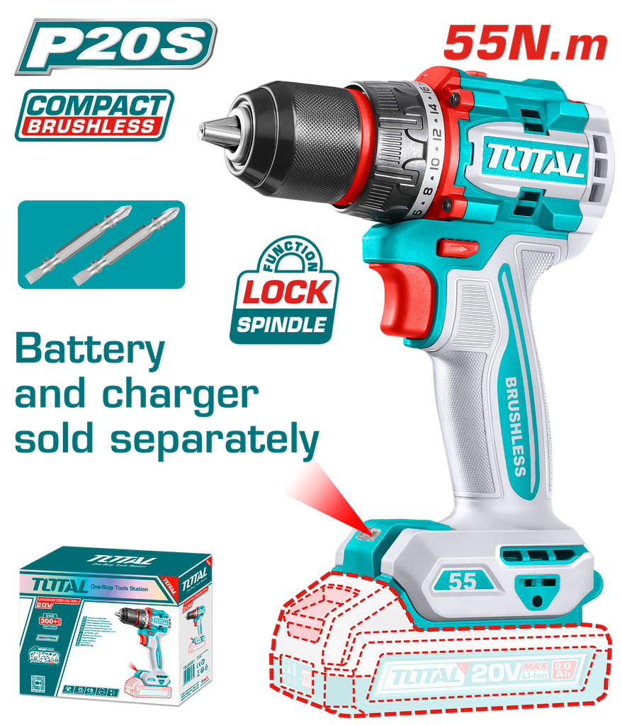 TALADRO INALAMBRICO 1/2" 20V 55 N.M CARGADOR Y BATERIA NO INCLUIDO SUPER TOTAL