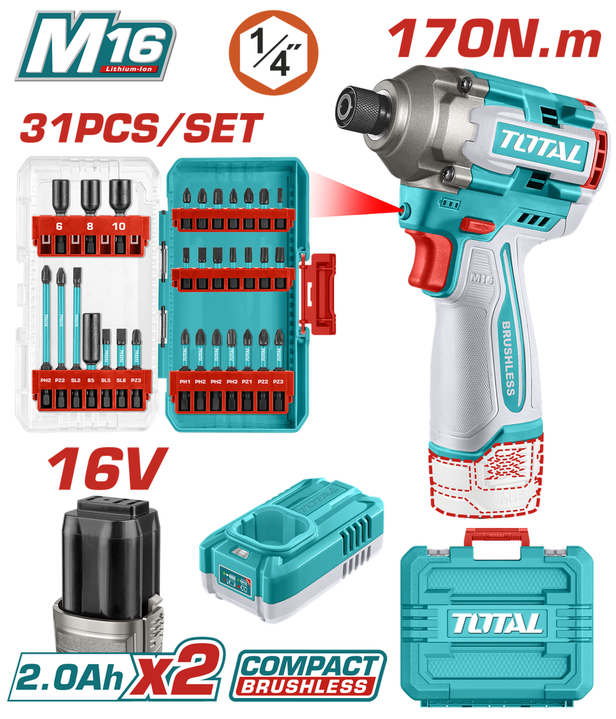 ATORNILLADOR DE IMPACTO INALAMBRICO 1/4 170NM 16V + 31 ACCESORIOS INCLUYE 2 BATERIAS (2.0AH) Y CARGADOR INDUSTRIAL SUPER TOTAL