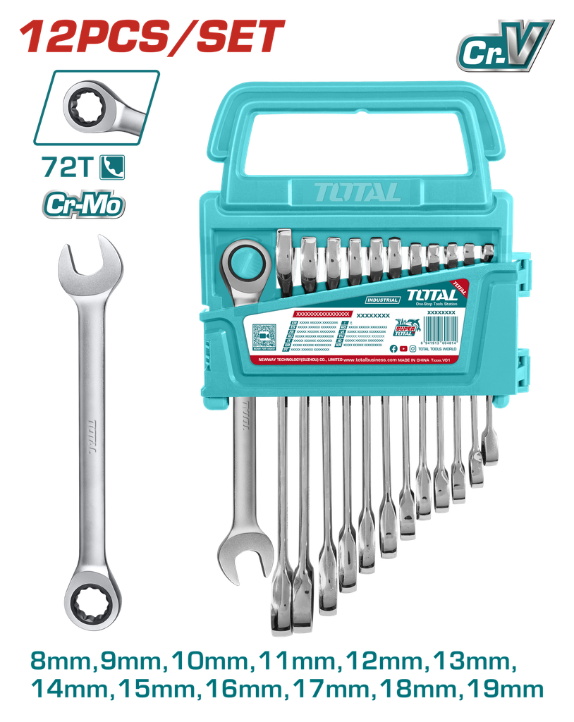 LLAVE MIXTA CON RACHE 8 - 19 MM JUEGO X 12 PZS INDUSTRIAL SUPER TOTAL (THT102RK0126)