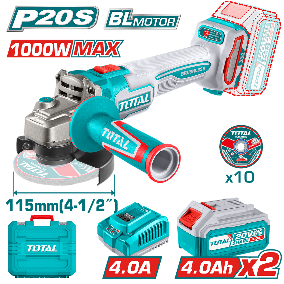 PULIDORA INALAMBRICA 4 1/2 INDUSTRIAL 20V 1000W INCLUYE 10 DISCOS PARA CORTE DE METAL 2 BATERIAS 4.0 AH Y CARGADOR , MOTOR SIN ESCOBILLAS INDUSTRIAL SUPER TOTAL