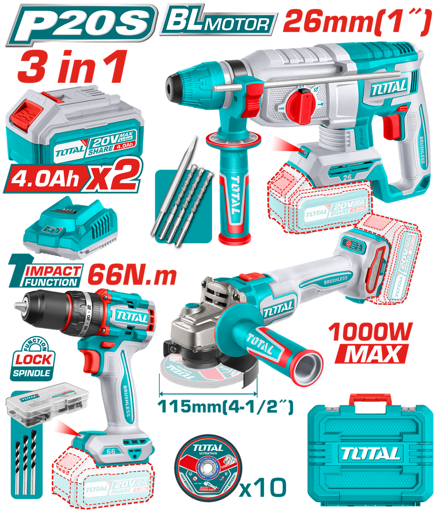 ATORNILLADOR INALAMBRICO PERCUTOR 1/2 66 NM + PULIDORA INALAMBRICA 4 1/2 + TALADRO ROTOMARTILLO SDS PLUS 2.5 JULES INLCUYE 2 BATERIAS 4.0AH , 1 CARGADOR , 10 DISCOS DE CORTE Y 47 ACCESORIOS